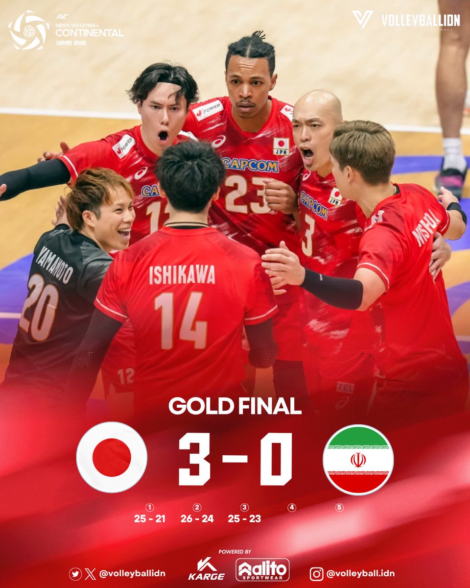 volleyballidn's tweet photo. Jepang 🇯🇵 3 - 0 🇮🇷 Iran

JAPAN BACK TO BACK CHAMPIONS!!! 🥇🏆
Kalahkan Iran di partai puncak, Jepang kembali menjadi tim terbaik di Asia sekaligus lolos ke Olimpiade LA 2028.
おめでとう! 
#AVCContinental #RoadtoLA2028 https://t.co/3x82Qklz7W