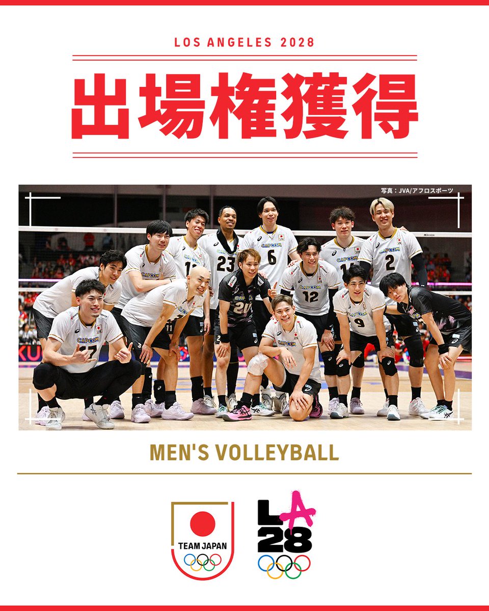 TeamJapan's tweet photo. ━━━━━━━━━━━━
🇯🇵 @LA28 出場権獲得 🇺🇸
━━━━━━━━━━━━

アジア選手権で優勝した
バレーボール 男子 #TEAMJAPAN が
『ロサンゼルス2028オリンピック』出場権を獲得しました！🏐✨
@JVA_Volleyball https://t.co/H0TE5QPFFP
