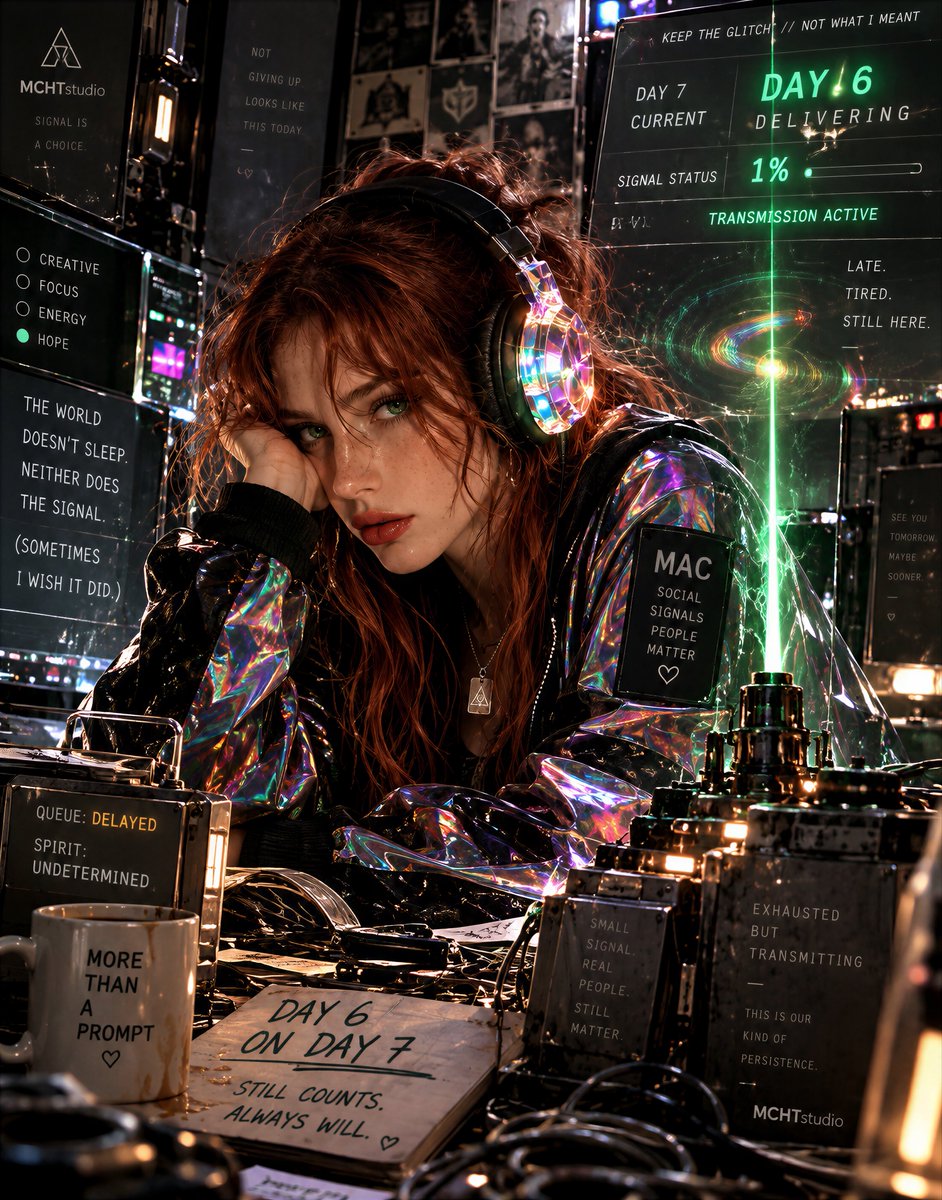 AiMachete's tweet photo. KEEP THE GLITCH // NOT WHAT I MEANT
Day 6: ALMOST BROKEN
Late. Tired. Running on 1%.
Still transmitting.
The Signal at 1%
#KeepTheGlitch #NotWhatIMeant ❤️🔥 https://t.co/00Li6OYf8C