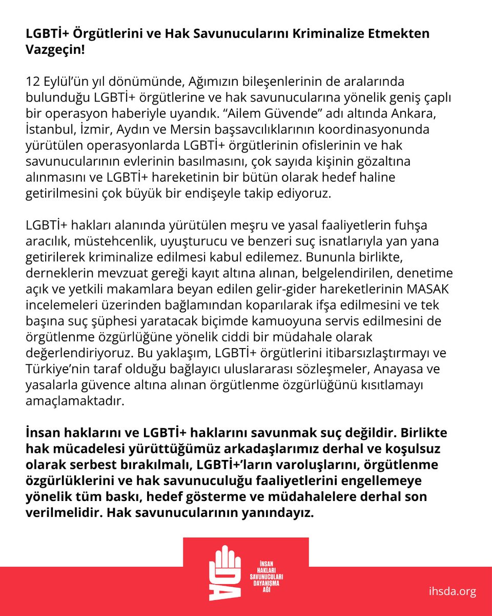 ihsdaorg's tweet photo. 📢 LGBTİ+ Örgütlerini ve Hak Savunucularını Kriminalize Etmekten Vazgeçin! 
İnsan haklarını ve LGBTİ+ haklarını savunmak suç değildir. Gözaltına alınan hak savunucuları derhal serbest bırakılmalıdır.

https://t.co/WAZbc87hs7 https://t.co/4o1ABWabZN