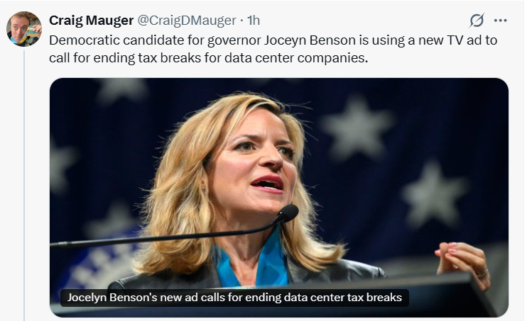 DonnieDetroit19's tweet photo. After pocketing a cool $70 million from the Saline data center, Jocelyn Benson comes out against those evil data centers! Lest we forget, her husband works for the DC developer building the Saline DC, the largest in Michigan. The same one that made them those $Millions. https://t.co/UgBmpJfhaO