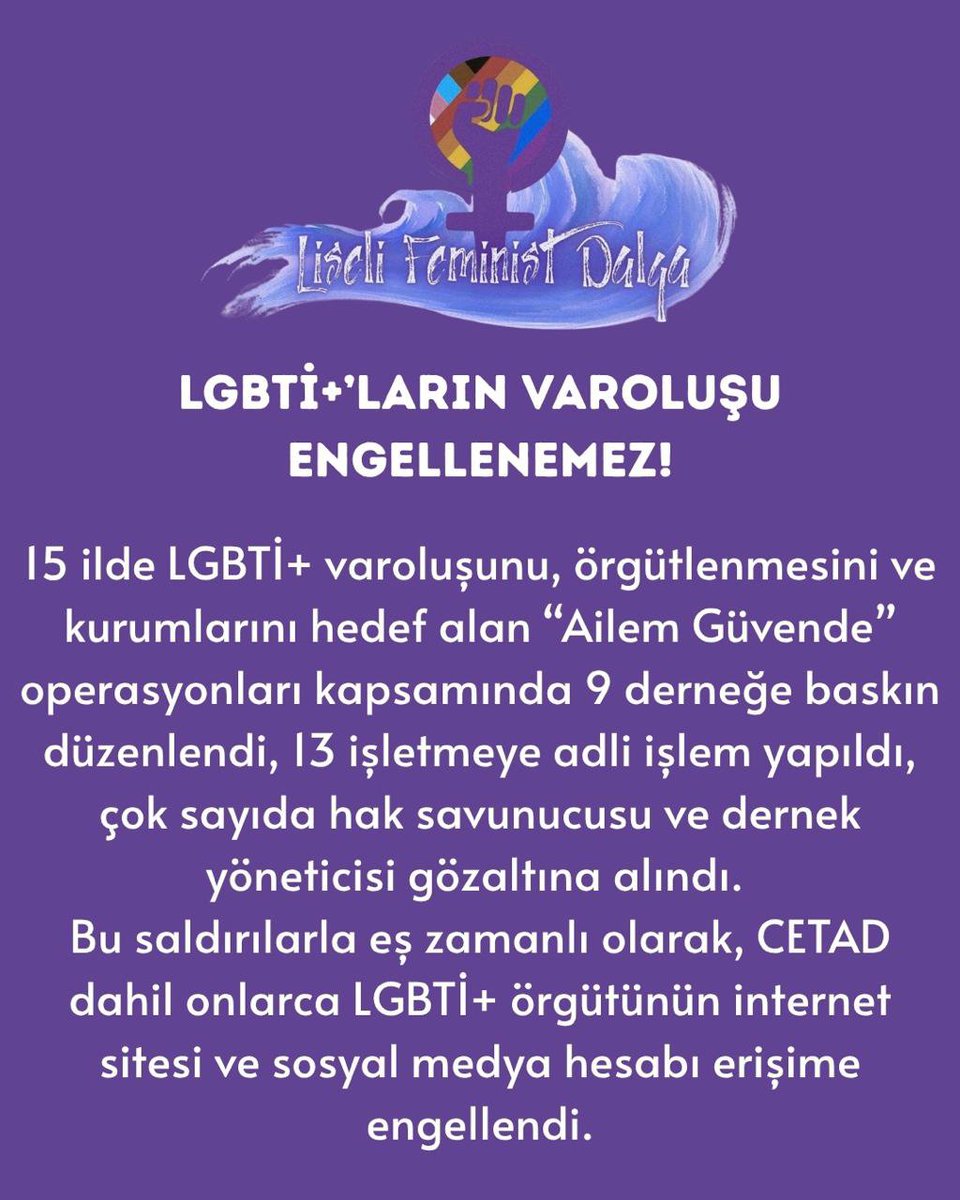 lfeministdalga's tweet photo. LGBTİ+ derneklerini ve kurumlarını hedef alan operasyonlara karşı buradayız. Kimliğimize ve özgürlüğümüze yönelik bu saldırılara karşı omuz omuza direneneceğiz.

LGBTİ+'ların varoluşu engellenemez! Gözaltılar derhal serbest bırakılsın! https://t.co/hzDCIIL6Lm