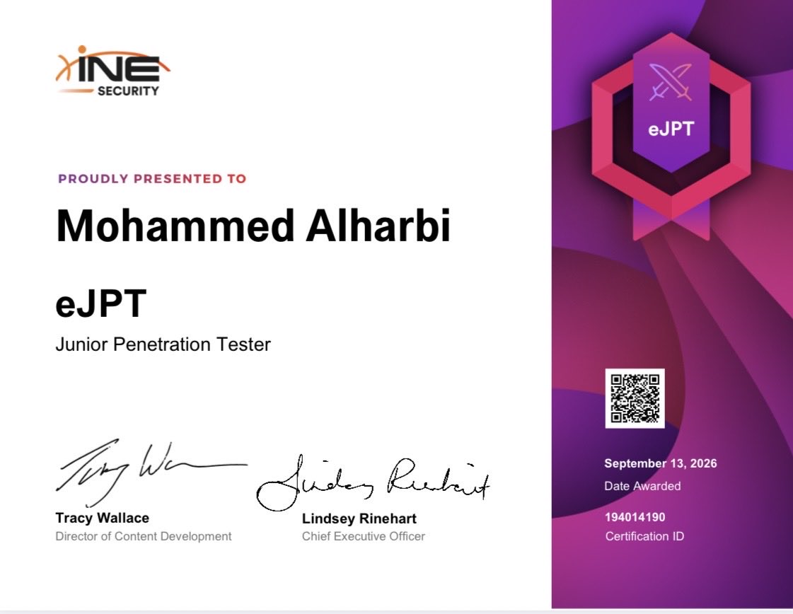 0x7rbi's tweet photo. ثاني شهادة إحترافية في مسيرتي
الحمدلله ما تمّ جُهد ولا خُتم سعي إلا بفضله
اللهم انفعني بما علمتني وعلمني ما ينفعني وزدني علما
#eJPT
#Cyber_Security
#الامن_السيبراني https://t.co/UZqYN4xPDl