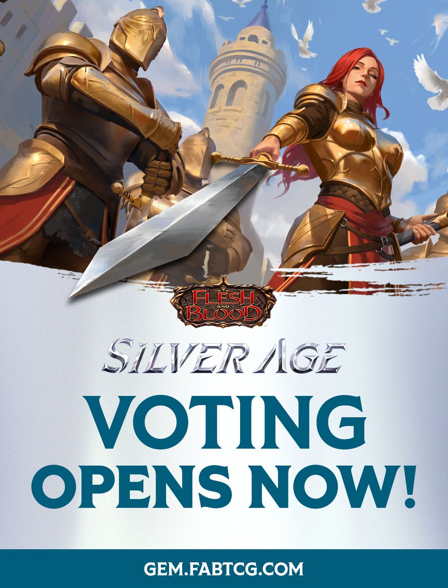 fabtcg's tweet photo. It's time to have your say on the next chapter of Silver Age! ⚔️
Silver Age voting is NOW OPEN! If you have participated in a completed official Silver Age tournament which started during the current season (May 29, 2026), you'll be eligible to have your say!
Cast your vote: https://t.co/TrYl9tPKMV