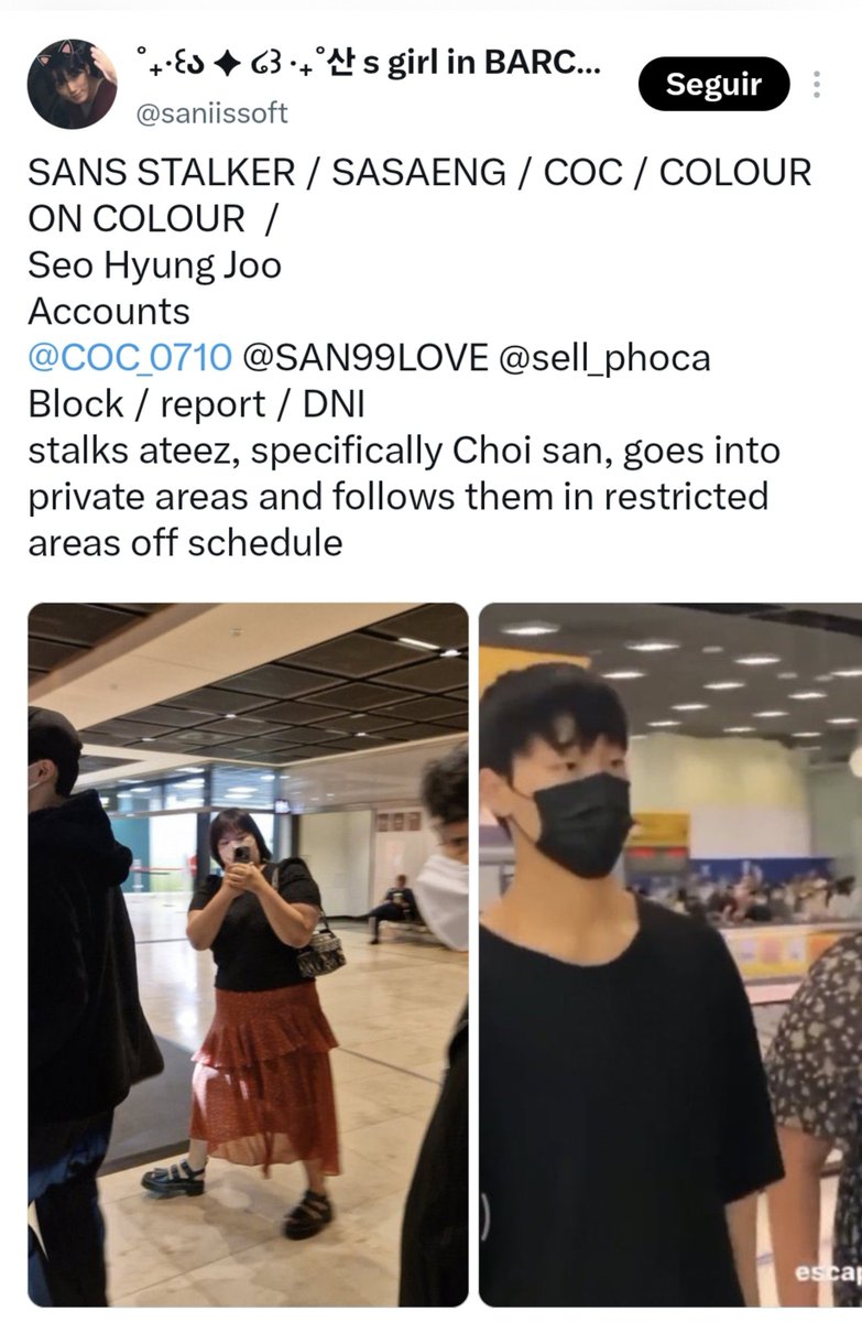 sanchangyu's tweet photo. Ya ví nuevamente el video y reconocí a la otra enferma, esta es COLOUR ON COLOUR "CoC" la sasaeng de San. Se los puedo confirmar porque ya la ubico y más porque cuando vinieron por primera vez a mi país, esta loca andaba en la fila de los VIP con su grupo igual de acosadoras. 💀 https://t.co/S8Oa9Wn8XA