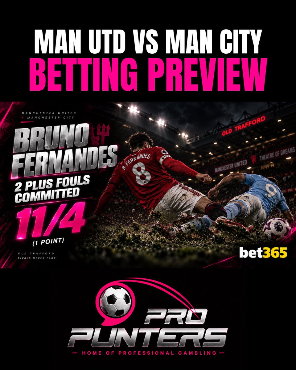 ProPuntersUK's tweet photo. Manchester Derby betting preview out now ✅

Bruno Fernandes has committed 2+ fouls in 5 of his last 6 derbys at Old Trafford. Now up against Enzo Fernandez and Elliot Anderson. 11/4 with Bet365 is great value 💰

Full free preview 👉🏻 https://t.co/G7pQwPgGoL https://t.co/mXv6SibgcK