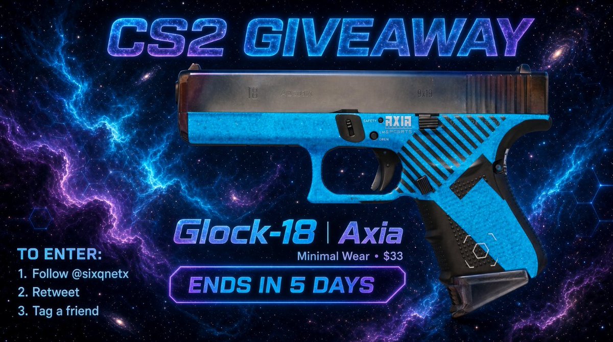 Destructum's tweet photo. 🎰Sponsored by @sixqnetx 🎰

👉33$ Glock-18 Axia Minimal Wear

✅Follow @sixqnetx 
☑️Retweet/Like/tag a friend

⏰End in 5 Days
#CS2 #CS2GIVEAWAY #CSGO https://t.co/2ftuIHIpeA