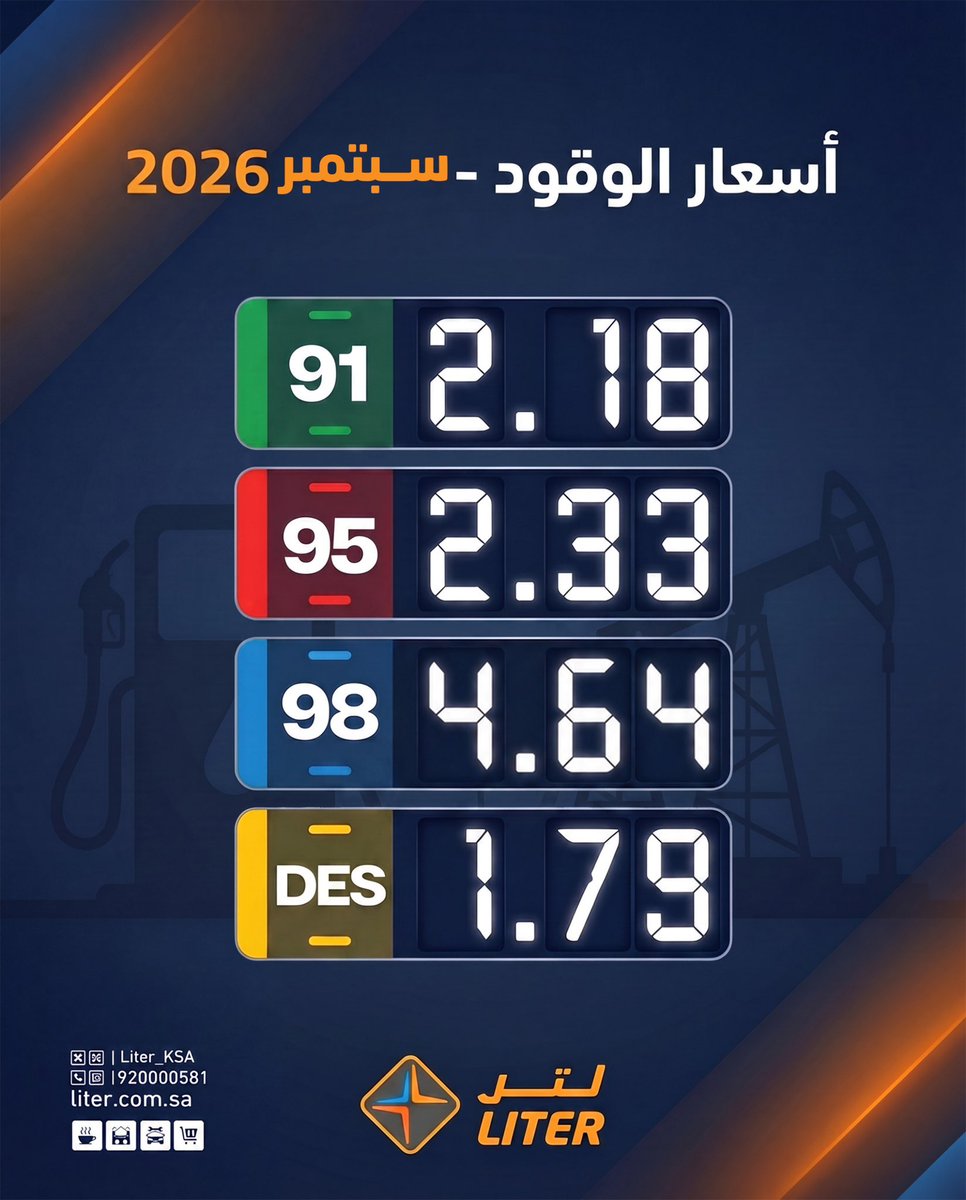LiterGroup's tweet photo. قائمة أسعار الوقود المحدثة في السعودية لشهر سبتمبر 2026 

#لتر_اختيارك_الأفضل
 #استثمر_في_لتر #لتر #السعودية #بنزين #محطات_وقود https://t.co/EvWAH7eu35