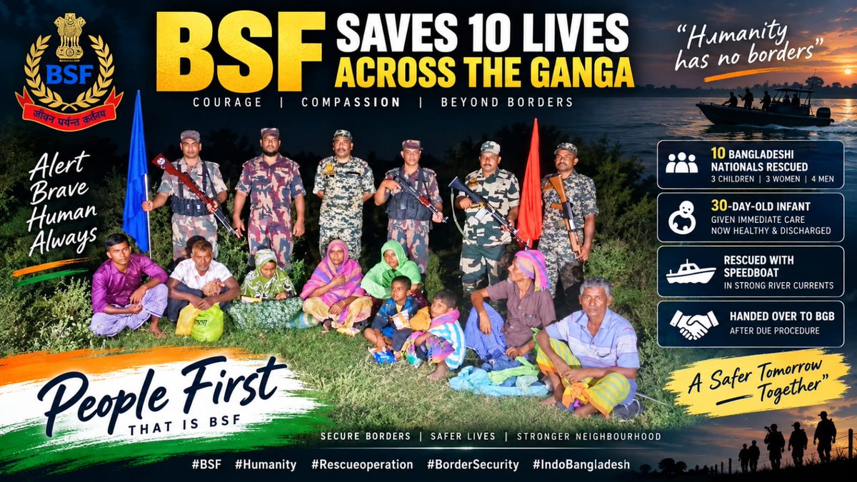 JKThomass's tweet photo. This is a heartwarming example of humanity at the border. BSF personnel rescued 10 Bangladeshi nationals and helped them get medical care.
#BSF #Humanity #Rescueoperation #BorderSecurity #IndoBangladesh https://t.co/x0ot5Sls4b