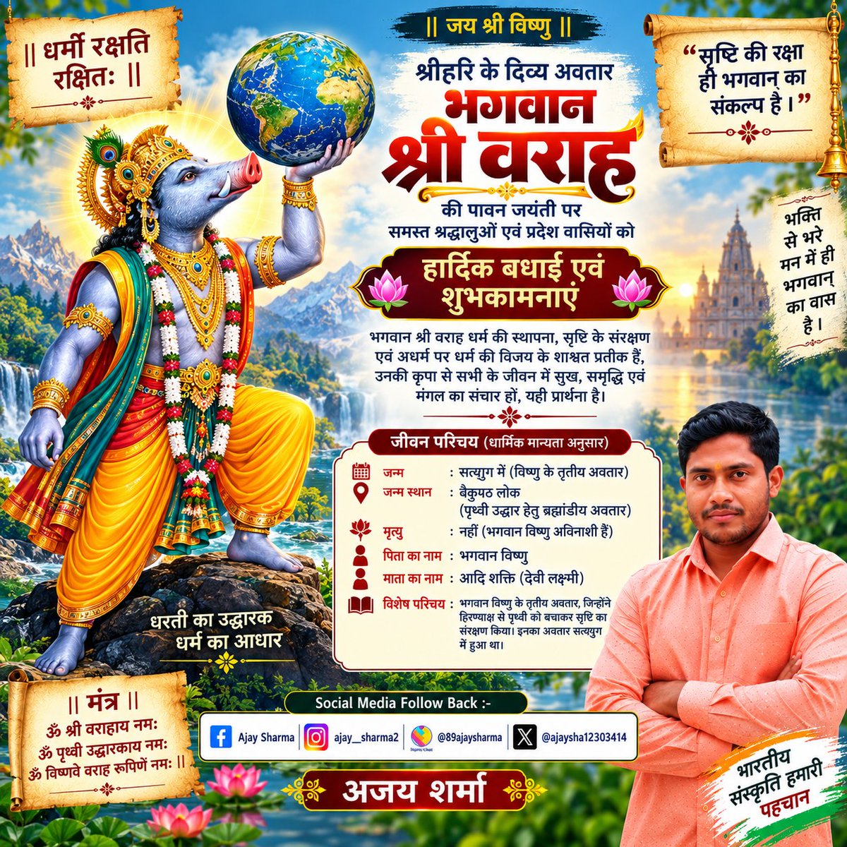 AjaySha12303414's tweet photo. || जय श्री विष्णु ||

श्रीहरि के दिव्य अवतार भगवान श्री वराह की पावन जयंती पर समस्त श्रद्धालुओं एवं प्रदेश वासियों को हार्दिक बधाई एवं शुभकामनाएं ।। 

  🪔🌹🌺🍏🍐🍊🥀🌞🍒

#श्रीहरिकेदिव्यअवतारभगवान https://t.co/PxwOHvOLGg