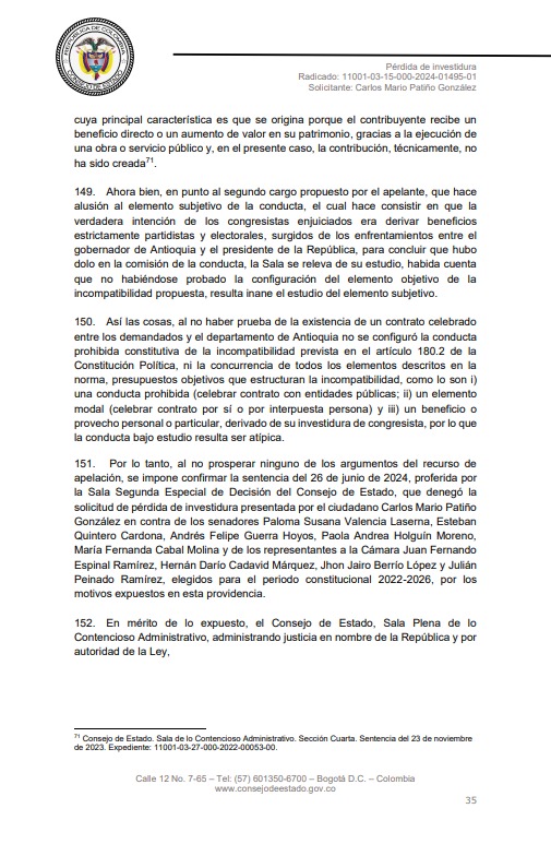 UltimaHoraCR's tweet photo. #Judicial | En un fallo de segunda instancia, la Sala Plena del @consejodeestado ratificó que no hay prueba o motivo alguno para declarar la muerte política de los ocho congresistas que, en marzo de 2024, anunciaron una ‘vaca’ para para financiar vías 4G en el departamento de Antioquia.

Vía @andresGgaitan
https://t.co/woHMRjVE2M