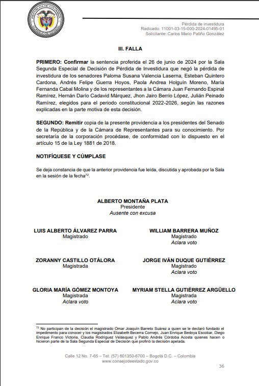 UltimaHoraCR's tweet photo. #Judicial | En un fallo de segunda instancia, la Sala Plena del @consejodeestado ratificó que no hay prueba o motivo alguno para declarar la muerte política de los ocho congresistas que, en marzo de 2024, anunciaron una ‘vaca’ para para financiar vías 4G en el departamento de Antioquia.

Vía @andresGgaitan
https://t.co/woHMRjVE2M