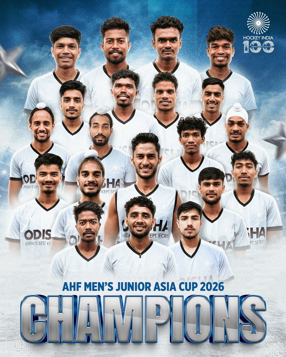 TheHockeyIndia's tweet photo. 𝗪𝗘 𝗗𝗜𝗗 𝗜𝗧! 🇮🇳🏆

The Indian Junior Men’s Team have conquered the continent once again, beating South Korea 4–1 in the AHF Junior Asia Cup 2026 final to successfully defend their crown! 🏑🥇

The title win also seals India’s spot at the FIH Junior World Cup! 🌏🏆

#HockeyIndia #IndiaKaGame #JuniorAsiaCup