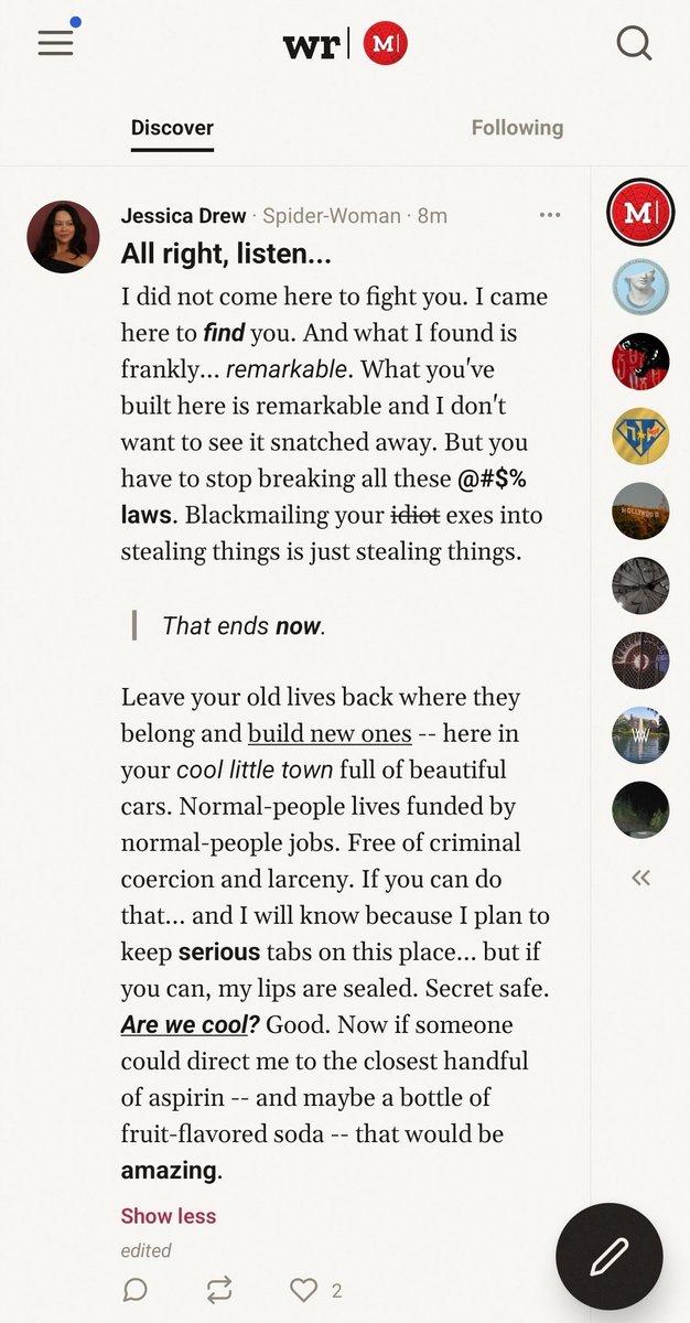 wroomrp's tweet photo. What can you write with wroom|?

• Thread titles
• Integrated formatting: bold, italic, strikethrough, underline, block quotes, lists
• Editable posts
• Autosave drafts!
• 5000 character limit (that works out to ~2 standard pages in 12-font!)

#rptwt #twtrp https://t.co/WcNK2qlhKj