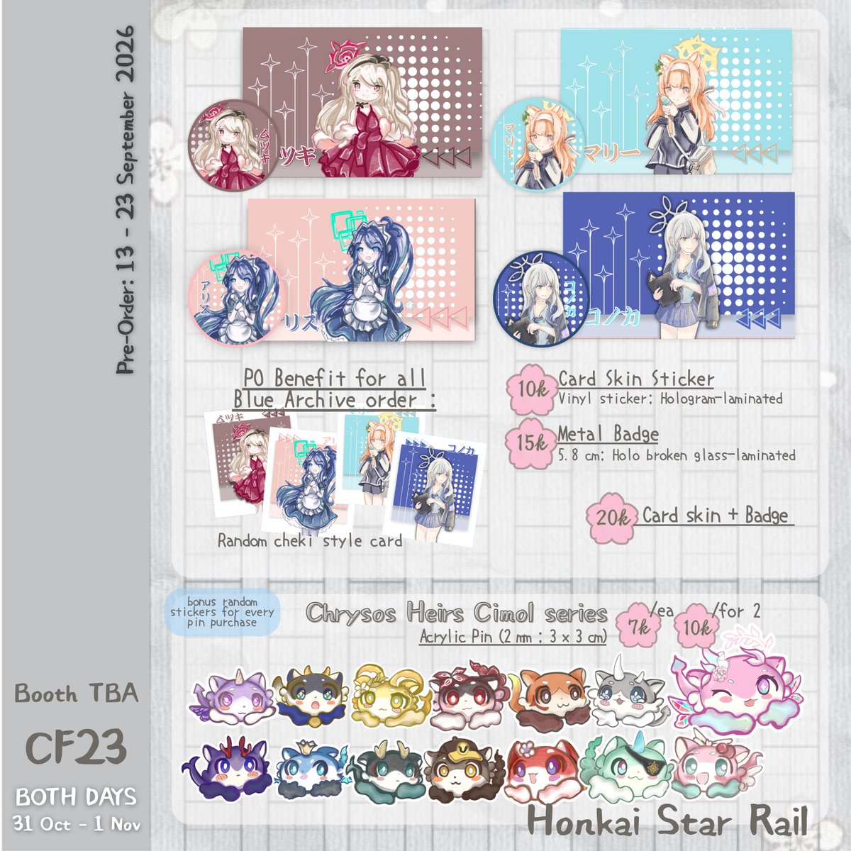 adasmanis's tweet photo. [🩷 &amp; 🔁 are really appreciated!]
 
adasmanis' Pre-Orders Catalogue for #CF23

📍Booth: TBA (BOTH DAYS)
📅PO Period: 13 - 23 September

✦ Yorushika, Reverse:1999, Blue Archive, Honkai Star Rail ✦ 

🔗PO Link: https://t.co/FO4svEcsBw

Giveaway &amp; Samples on replies~! #Comifuro23 https://t.co/LaoCj4gTZV