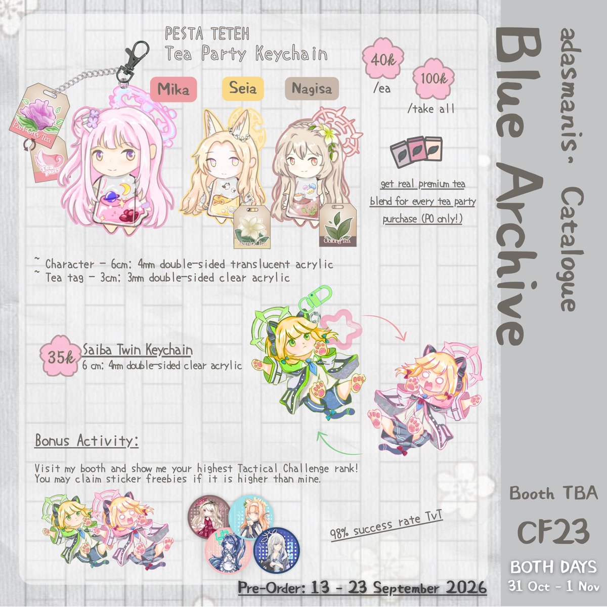 adasmanis's tweet photo. [🩷 &amp; 🔁 are really appreciated!]
 
adasmanis' Pre-Orders Catalogue for #CF23

📍Booth: TBA (BOTH DAYS)
📅PO Period: 13 - 23 September

✦ Yorushika, Reverse:1999, Blue Archive, Honkai Star Rail ✦ 

🔗PO Link: https://t.co/FO4svEcsBw

Giveaway &amp; Samples on replies~! #Comifuro23 https://t.co/LaoCj4gTZV