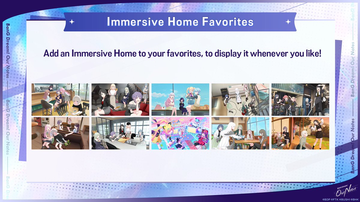 bangdreamon_EN's tweet photo. 📢 BanG Dream! Our Notes New Feature Spotlight②
Immersive Home Favorites 💕
Add an Immersive Home to your favorites to display it whenever you like! ✨
#BanGDream #OurNotes #OurNotes0924 https://t.co/1EFq8DlUi1