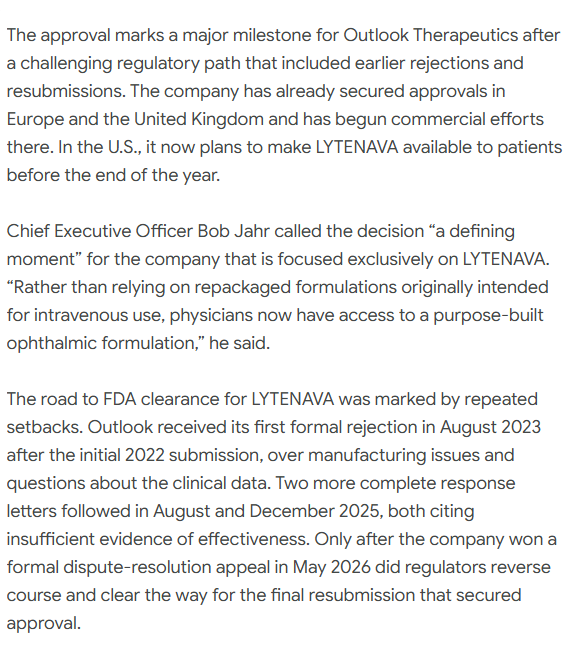 AYAISHIDA's tweet photo. $OTLK
After a decade-long wait, LYTENAVA has been approved as the first and only FDA-approved intravitreal bevacizumab formulation for treating wet age-related macular degeneration. https://t.co/kYwZDRr1Te