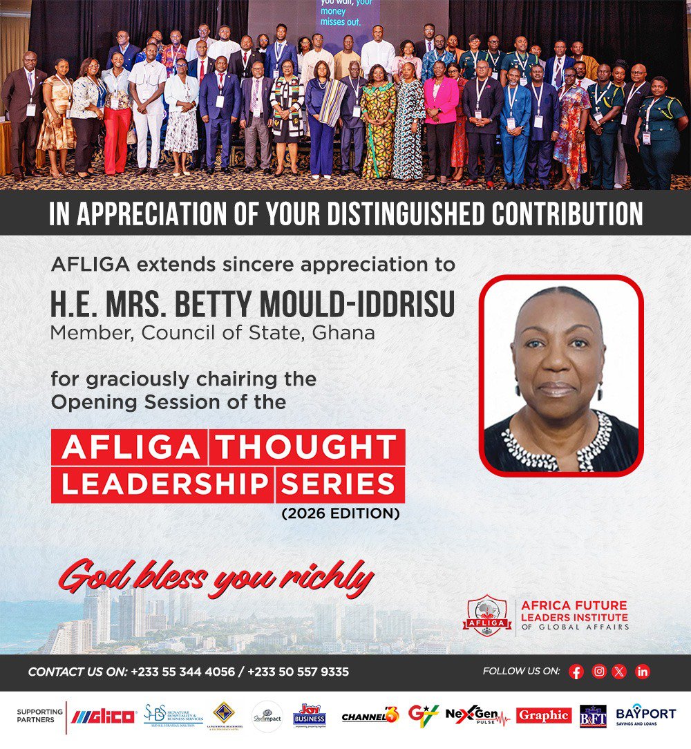 AFLIGA11's tweet photo. AFLIGA extends sincere appreciation to H.E. Mrs. Betty Mould-Iddrisu, Member of the Council of State, Ghana, for graciously chairing the Opening Session of the 2026 AFLIGA Thought Leadership Series.

Thank you, Your Excellency, Ayekoo! https://t.co/xL3PiRORn1