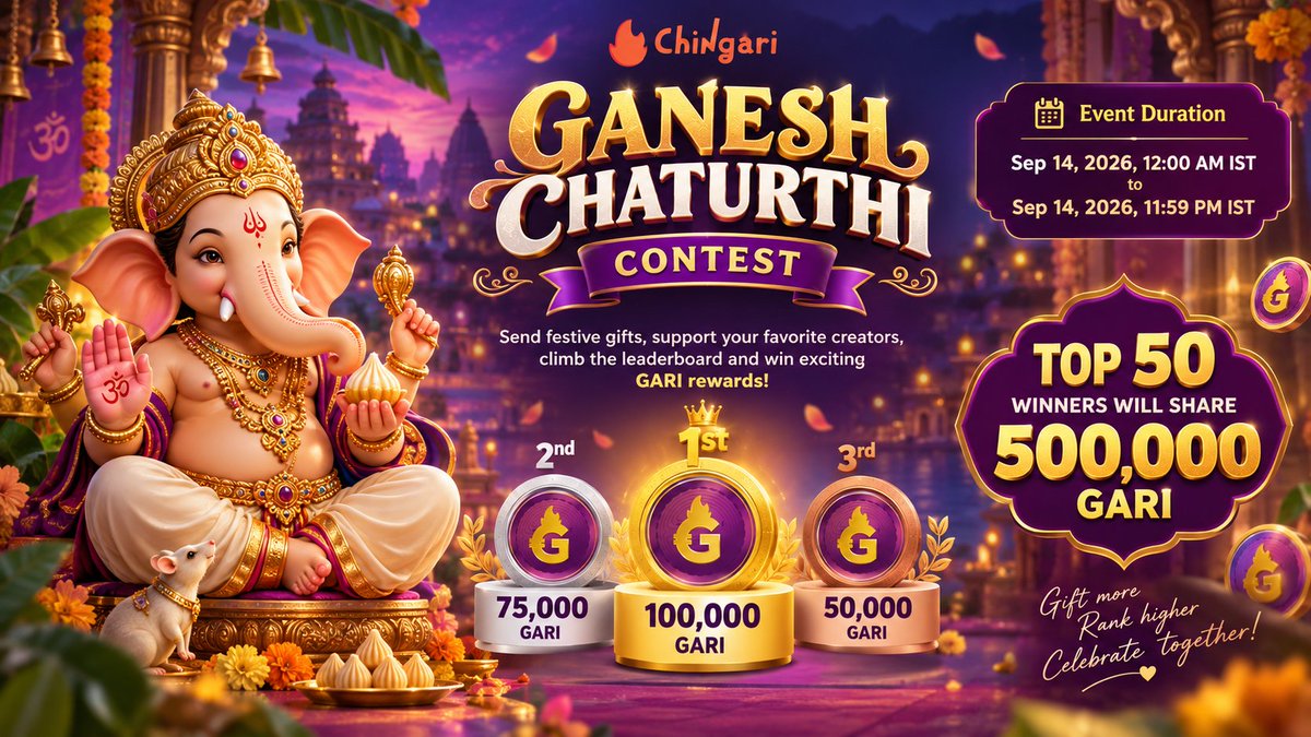 Chingari_IN's tweet photo. ✨ A festive challenge is almost here! ✨
This Ganesh Chaturthi, celebrate with Chingari & compete for a share of 500,000 GARI. 🙏🎁

🏆 Top 50 Winners will take home rewards from the prize pool.

📅 Sep 14, 2026
⏰ 12:00 AM – 11:59 PM IST
🔥 1 Day Only

🐘✨ Mark the date, bring your festive spirit, and aim for the top!
📲 Only on Chingari
