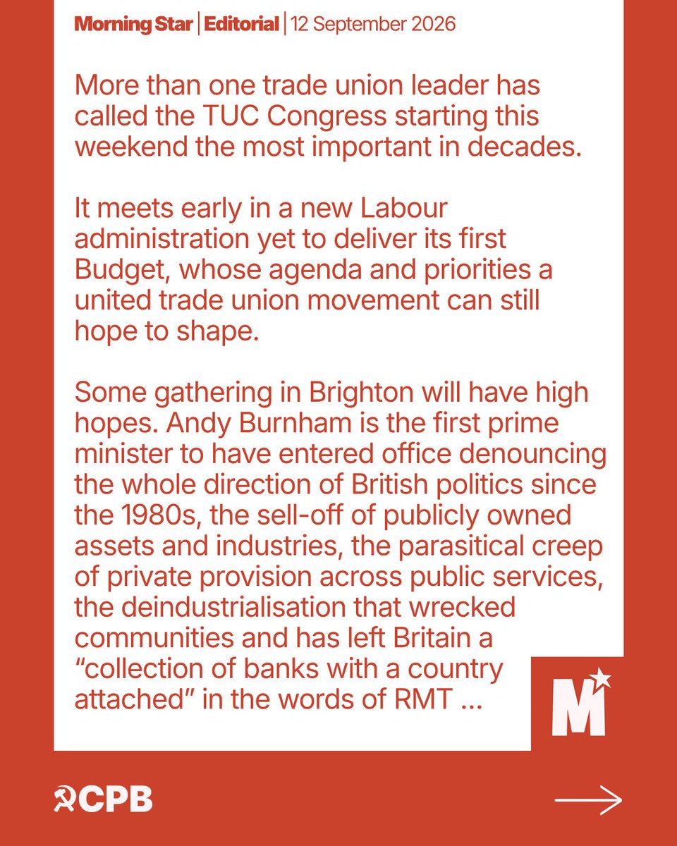 CPBritain's tweet photo. “the task facing trade unionists is not to interpret government policy but to change it”

Editorial in today’s Morning Star @M_Star_Online 🔗 https://t.co/WRg7sVoRFd https://t.co/4Palbm2n5w