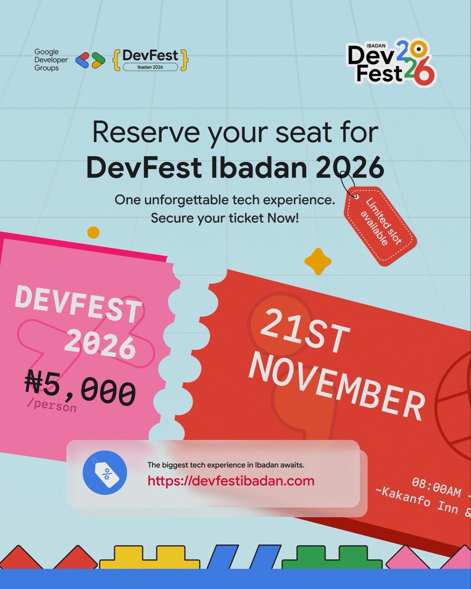 gdgibadan's tweet photo. THE WAIT IS FINALLY OVER!!! 🚀

Google DevFest Ibadan 2026 is about to have the biggest tech experience of the year!

If you've been waiting for a sign to secure your seat, this is it. Don't hear gist, come and experience it.

Check comments for more Info 👇 https://t.co/DyvkHNkCTG
