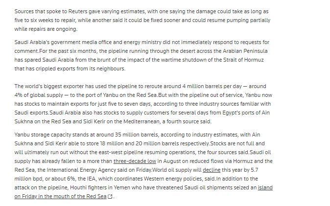 MerruX's tweet photo. Repairs on East West Pipeline could take more than 6 weeks!! Yanbu has about 5-7 days of Stocks to maintain oil exports! ( maybe lower as yanbu may be hit) It also looks like Saudi VLCCs are now headed to US rather than Eastern Med going around Africa given East med is useless https://t.co/F9IPxQ6SwX