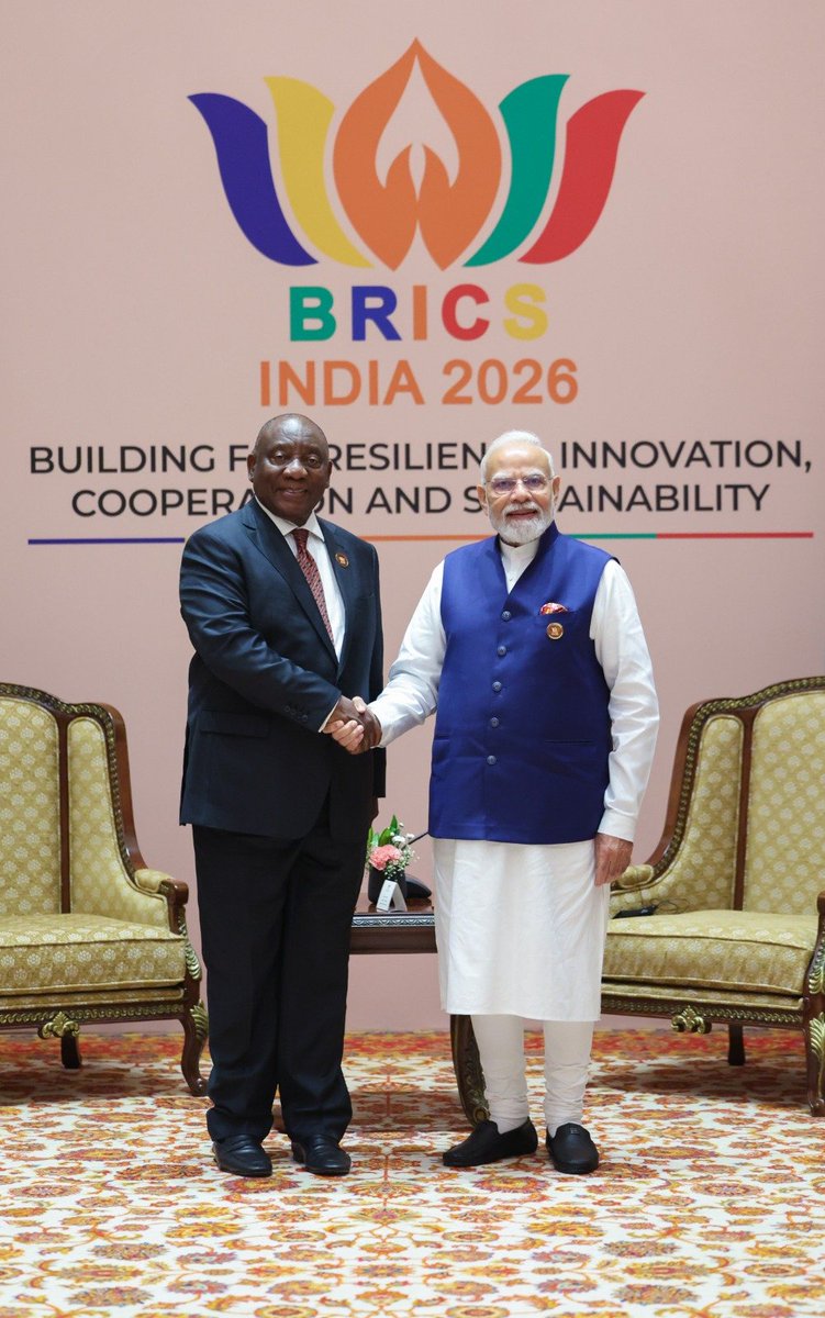 PMOIndia's tweet photo. PM @narendramodi met South African President @CyrilRamaphosa on the sidelines of the BRICS Summit in Delhi. They reviewed the India-South Africa Strategic Partnership. The discussions covered trade, critical minerals, infrastructure, food security, digital technologies and skilling. Both leaders reaffirmed their commitment to Africa’s progress and the priorities of the Global South.