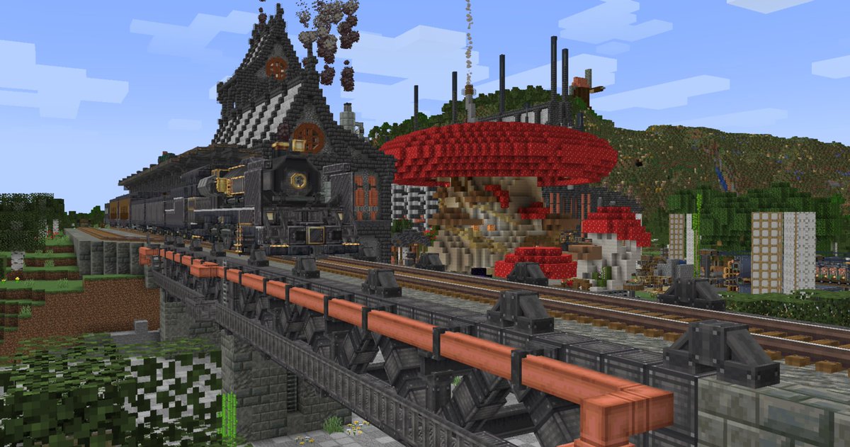 RA1NF0XTEA's tweet photo. #minecraft #createmod
サーバーのメンバーがかっちょいい工場(3枚目)を建ててたので、鉄道担当としてなるべく雰囲気を寄せて駅を建てた https://t.co/pukaXbGnzw