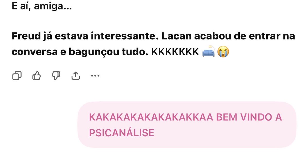 MacieneMontt's tweet photo. Eu acho tudo falar sobre psicanálise com o chat 🤣🤣 https://t.co/BQPpNrQLOw
