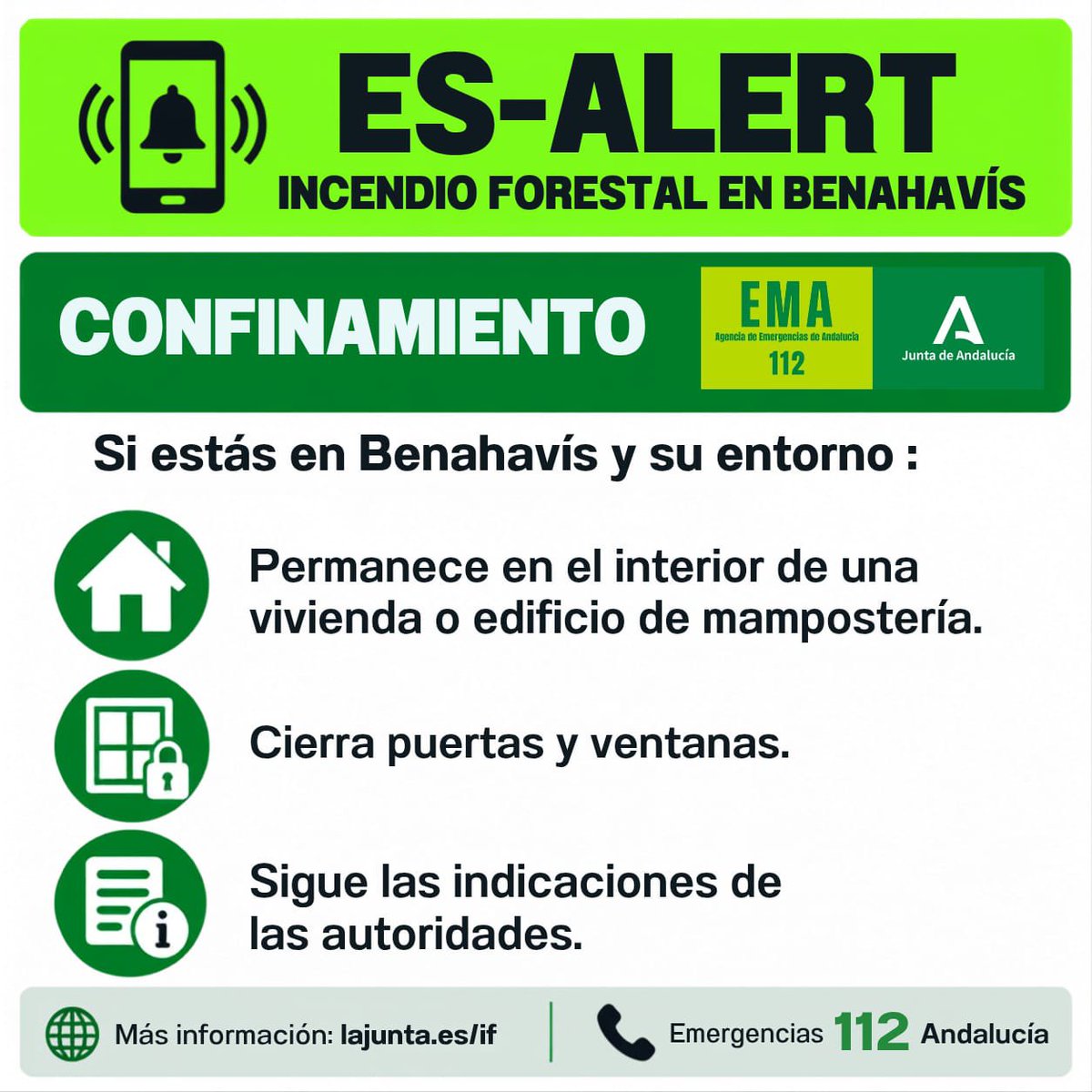 antoniosanz's tweet photo. 📲 Enviamos un mensaje #ESAlert a la población de Benahavís ante la evolución del #IFBenahavís.

⚠️ Si estás en la zona, confínate en una vivienda o edificio de mampostería.
🏠 Cierra puertas y ventanas.
📢 Sigue las indicaciones del 1-1-2 y de los operativos. Evita riesgos

#AndalucíaPreviene