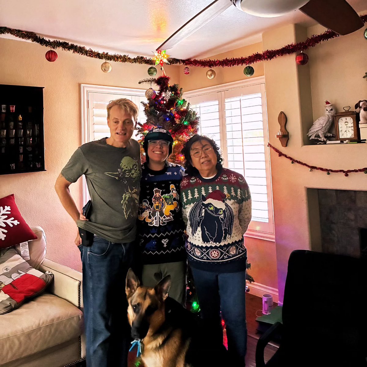 ChasTorregrosa's tweet photo. Merry Christmas and Happy Holidays from the Loring-O'Neill family! Pictured: my big brother, his guide dog, our mom, and me. Photo credit to my wonderful sister-in-law! https://t.co/XgMBOHdghR
