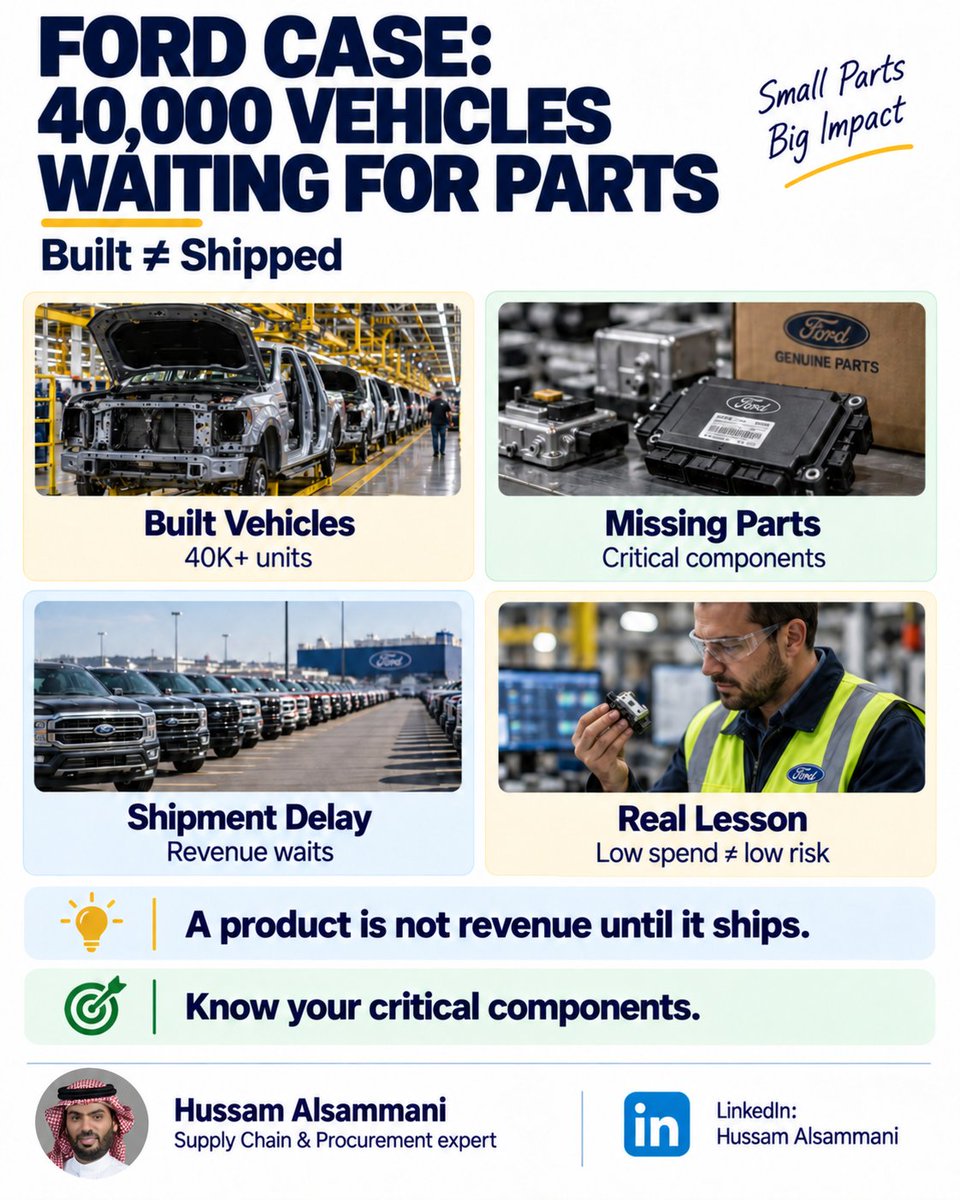 HAlsammani's tweet photo. في عام 2022، Ford واجهت موقف مثير جدًا في الـSupply Chain.

كان عندها تقريبًا 40 ألف سيارة مبنية في مصانعها، لكنها ما كانت جاهزة للشحن للعملاء لأنها كانت تنتظر بعض المكونات الناقصة.

واللافت إن نسبة كبيرة منها كانت Trucks وSUVs اللي عليها طلبات عالية ومربحة.

نتخيل السيناريو .. السيارة موجودة .. المصنع اشتغل .. معظم المكونات تم تركيبها 

لكن بعض الـCritical Components ما كانت موجودة 

النتيجة المنتج النهائي (السيارة) ما يقدر يتحول إلى إيراد .. الخسارة المقدرة كانت انخفاض سهم شركة حوالي 5%"!

وهنا بالنسبة لي مفهوم مهم: 
Low Spend ≠ Low Risk

أحيانًا نركز في المشتريات مع الموردين حسب حجم الإنفاق 

لكن في سلاسل الإمداد، ممكن القطعة هذه قيمتها محدودة جدًا ويكون تأثير عدم وجودها خسارة بالملايين.

لذلك تقييم المورد المفروض ما يعتمد فقط على Spend.

لازم ننظر أيضا:
- إذا هذا الـComponent اختفى، هل الإنتاج يتوقف؟
- هل عندنا Alternative Source؟
- كم يحتاج تأهيل مورد بديل؟
- هل المورد Single Source؟
- ماذا عن الموردين في Tier 2 وTier 3 اللي ممكن أصلًا ما عندنا Visibility واضحة عليهم؟

المهم مو بس Cost of Components بل Cost of Dependency.

وأحيانًا الخطر ما يجي من أكبر مورد عندك Spend wise 
بل يجي من المورد الصغير اللي محد يتكلم عنه ..

#SupplyChain #Procurement #SupplierRisk #SupplyChainResilience #StrategicSourcing