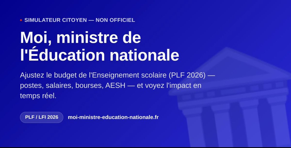 juliendelmas's tweet photo. 🏛️ Vous avez toujours rêvé d'être ministre de l'Éducation nationale ? 🇫🇷

Ajustez postes, revalorisation (traitement ou primes), bourses, immobilier, subventions au privé... Recalcul du budget en temps réel (~88 Md€ 💶).

🔗 https://t.co/yGdd0a47uY https://t.co/YP8ZdFrZV4