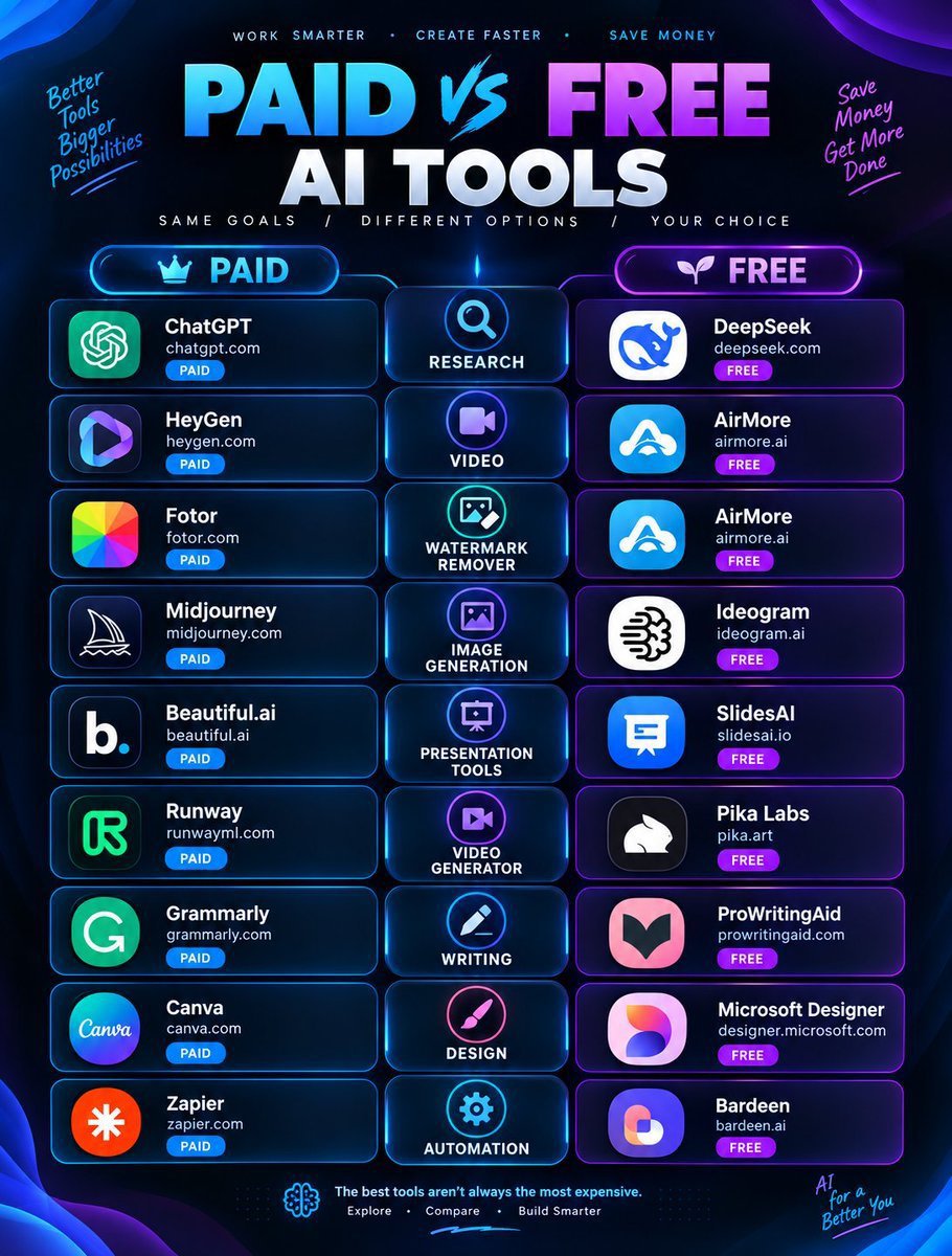TechByKillian's tweet photo. Paid vs Free AI Tools 

1. Research
Paid: https://t.co/yPglJPVyir
Free: https://t.co/yVg9ddQFrJ

2. Video
Paid: https://t.co/gzkHVoGard
Free: https://t.co/zgHYk4565z

3. Watermark Removal
Paid: https://t.co/3wwYsBYGc4
Free: https://t.co/zgHYk4565z

4. Image Generation
Paid: https://t.co/ayfWBOULHV
Free: https://t.co/EkQAkmZm2K

5. Presentations
Paid: https://t.co/HOP1w7MjxW
Free: https://t.co/4uj5I70jJY

6. Video Generation
Paid: https://t.co/0oVYPmzIUU
Free: https://t.co/J4pEMeb2Gt

7. Writing
Paid: https://t.co/Dp2yAuKiEJ
Free: https://t.co/OJF3Fy6ib8

8. Design
Paid: https://t.co/JyTGnaeUQY
Free: https://t.co/s4QZ8aCXdY

9. Automation
Paid: https://t.co/u1ykZ9y2x3
Free: https://t.co/81Do4GYRXh