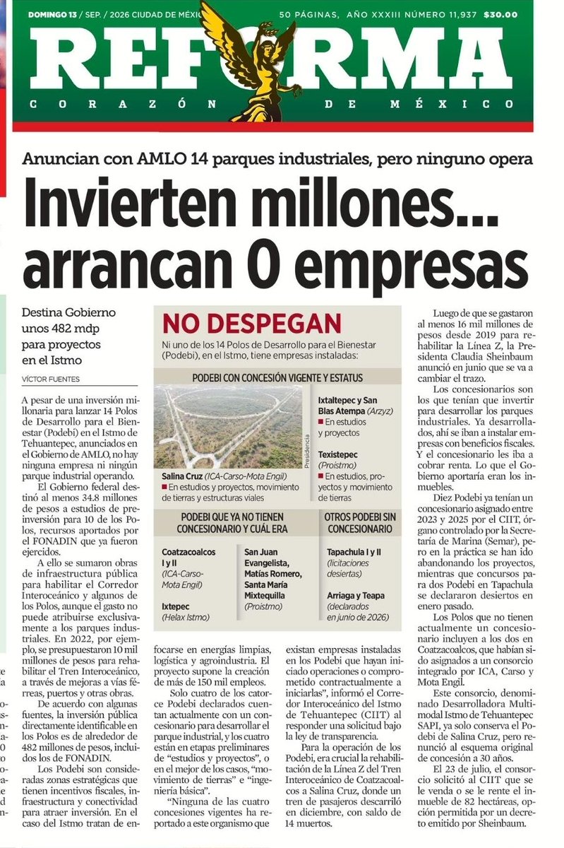 Melissa_Bely's tweet photo. ¡ Finjamos sorpresa !

Anunciaron 14 Polos de Desarrollo con bombo y platillo en tiempos de AMLO. 

¡ Gastaron 482 millones de pesos !

 Resultado...
¡ CERO empresas operando !

Ni una sola concesión ha logrado atraer inversión real. 

Puro show y nada de resultados.

👇 https://t.co/3vgy08LST8