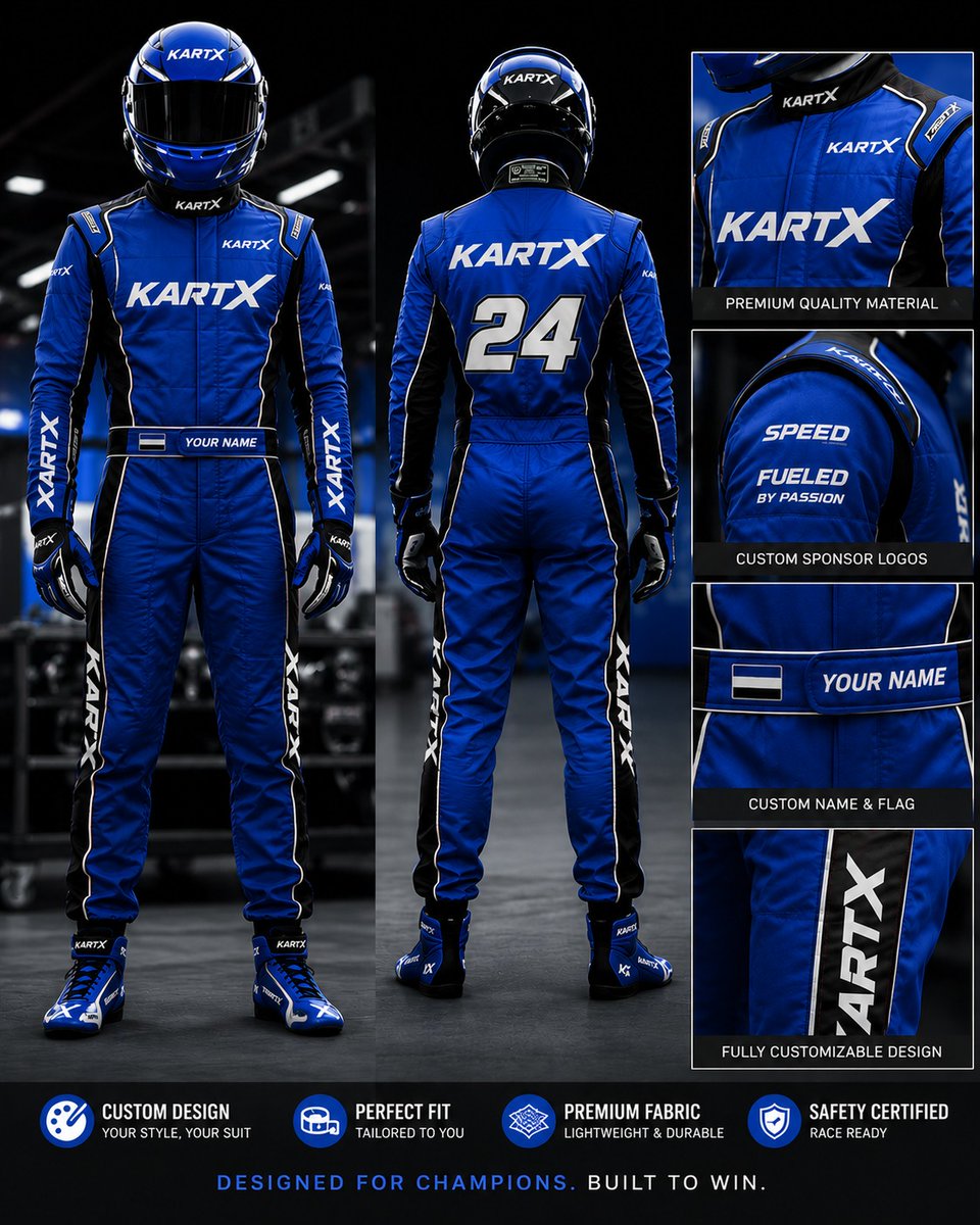 StormyMaultasch's tweet photo. Stand out. Race hard. Win in style. KARTX Custom Racing Suits feature bold designs, team logos, sponsor branding, driver names, race numbers, and premium lightweight fabric. Custom options and wholesale pricing available. DM us today. https://t.co/3BwlY0SEGL