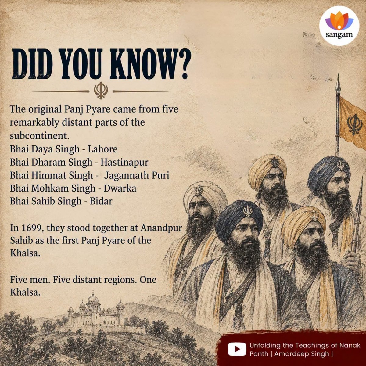 PathaniaWorkout's tweet photo. The original birth names of the Panj Pyare before they took the surname Singh are Daya Ram, Dharam Das, Himmat Rai, Mohkam Chand, and Sahib Chand.  They were all hindus from different parts of Bharat. They chose to become sardars (soldiers) to defend our nation https://t.co/q9KFN1U4se