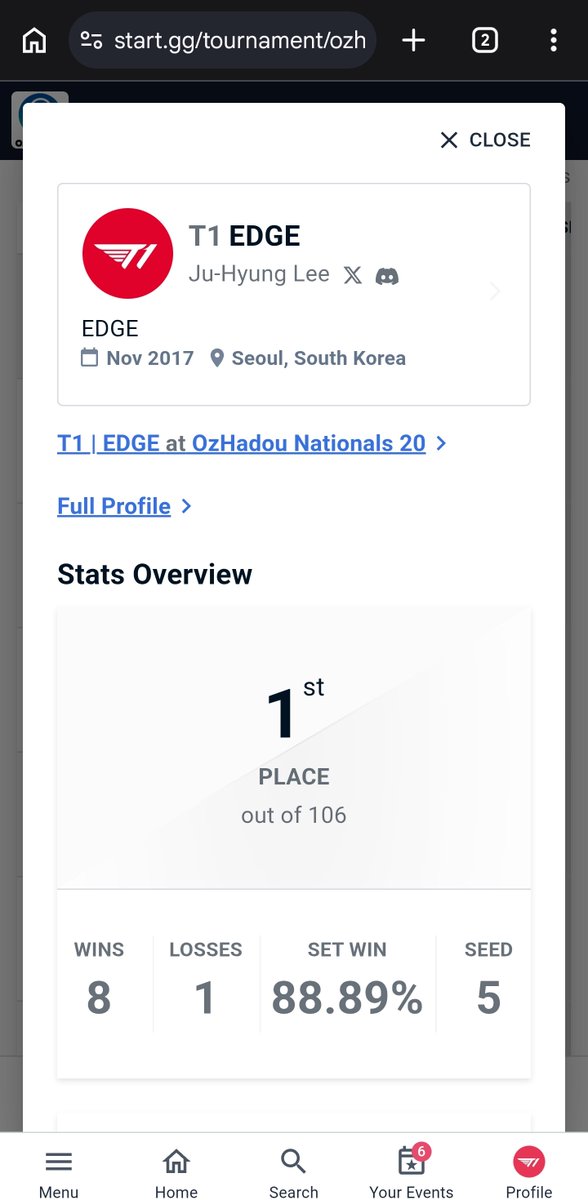 EDGE_1223's tweet photo. I won OHN20!
​Ever since the EWC LCQ, I wanted to pick myself back up, so I made an effort to change everything from scratch and I feel like I've finally succeeded.
​This year's TWT isn't over yet, and there are still many tournaments left to compete in. I'll keep working hard to deliver another great result in Manila next week!
​Special thanks to @T1_official_gg for always supporting me!