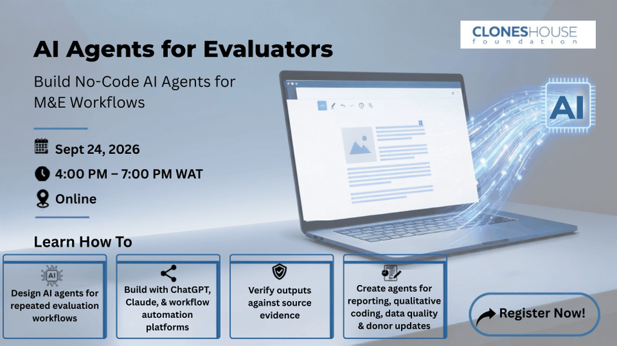 cloneshouse_f's tweet photo. Less than 10 days to go!
Move beyond AI prompts. Learn how to build no-code AI agents for your M&E workflows.
Join the #AIAgents for #Evaluators #masterclass to design, test & apply AI agents for reporting, data quality, indicators & more.
📅 Sept 24
🔗 https://t.co/RrVWEMcjog https://t.co/MzoWGY6SkU