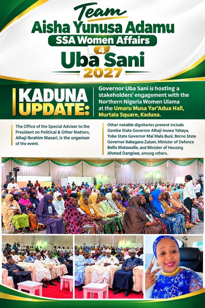 TeamAisha4US's tweet photo. Kaduna Update: 

Governor Uba Sani is hosting a stakeholders' engagement with the Northern Nigeria Women Ulama at the Umaru Musa Yar'Adua Hall, Murtala Square, Kaduna.

The Office of the Special Adviser to the President on Political &amp; Other Matters, Alhaji Ibrahim. @Abdool85 https://t.co/LLrhORfCLL
