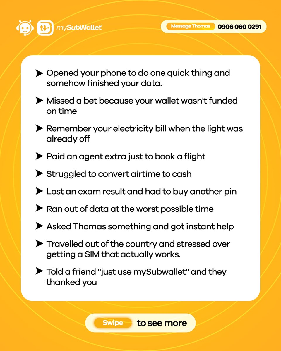 MySubwallet_ng's tweet photo. How many of these have you experienced?
We've all had our moments good thing Thomas and mySubWallet make it easier: data, airtime, bills, betting wallet, flights, eSIM, all in one app.
Which one's #1 on your list? 👇🏽
#mySubWallet #VTU #DigitalPayments #ThomasGotYou https://t.co/GsleKrarPV