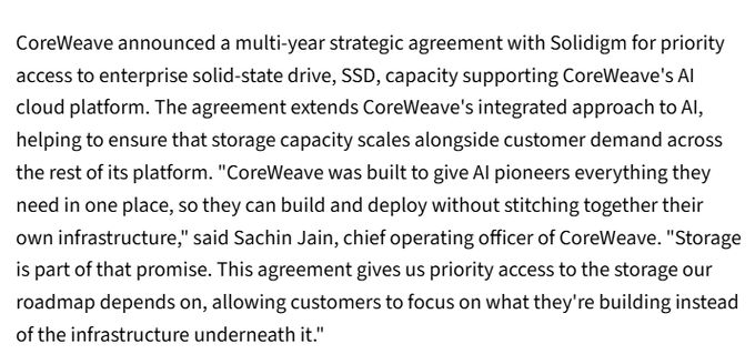 AYAISHIDA's tweet photo. $CRWV
CoreWeave signs multi-year agreement with Solidigm https://t.co/RpI4PFuW6R