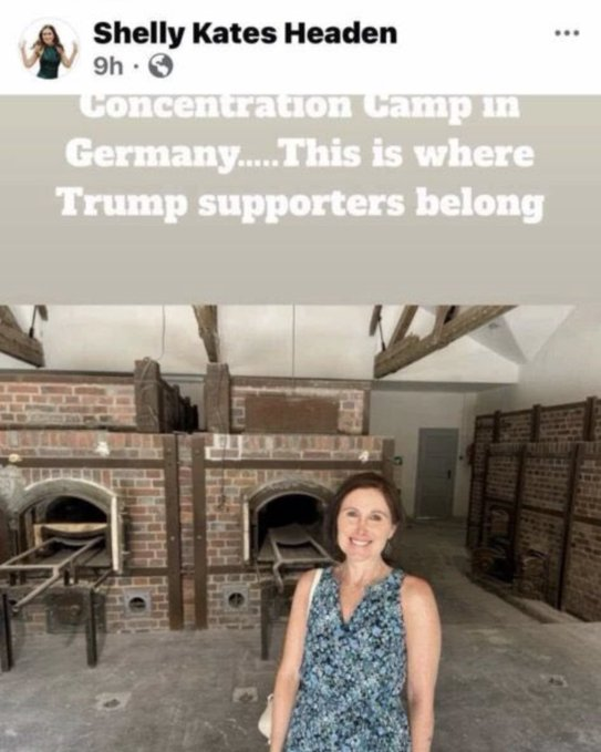 EQuinones6310's tweet photo. This is what they really think of you. They want you in a fucking camp.

North Carolina Democrat Shelly Headen stood at Dachau and wrote that Trump supporters belong in a concentration camp.

They will repeat history in a heartbeat if they take power again. https://t.co/tT5AgyefL8