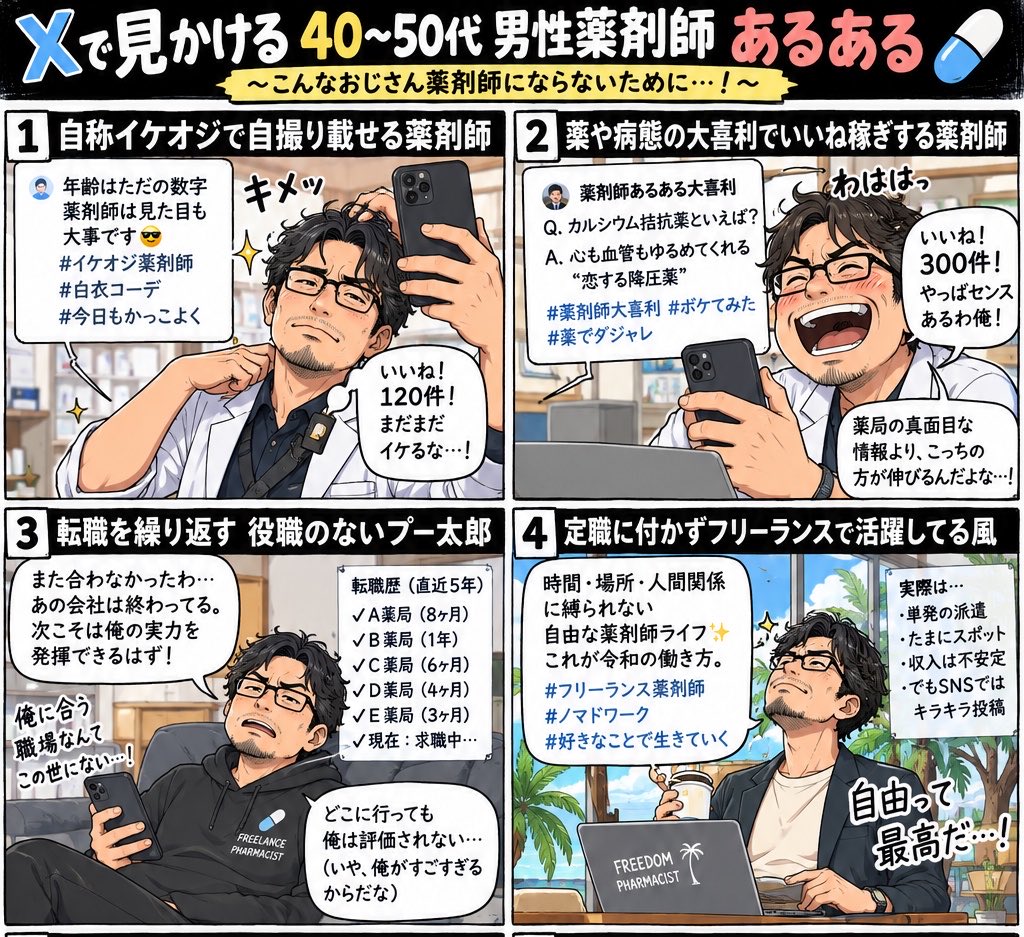 YKsedori's tweet photo. 新卒薬剤師の研修に1番効くのって

40〜50代の痛い男性薬剤師のﾎﾟｽﾄをまとめて反面教師にすることだと思う https://t.co/jSyMtwPyXF