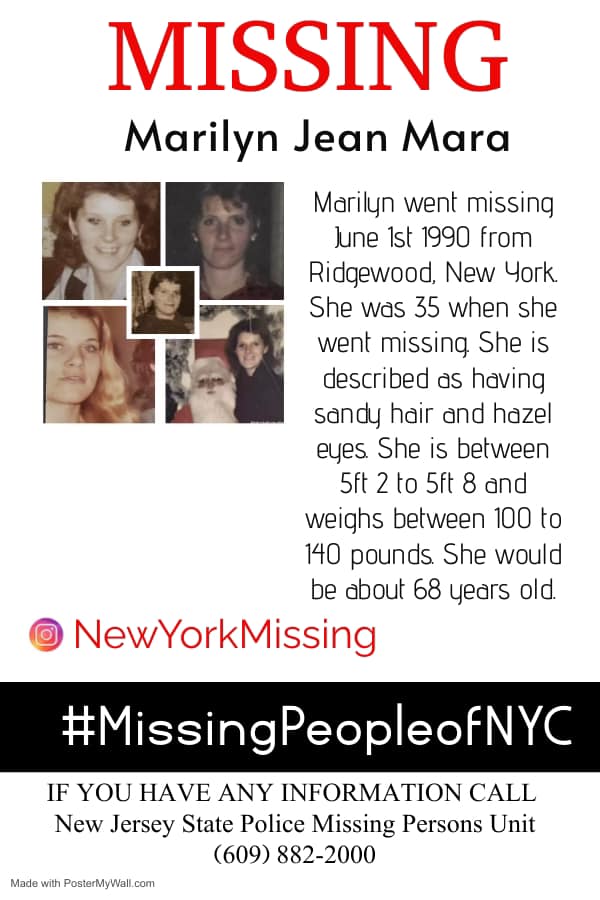 Catch_LISK's tweet photo. Marilyn Jean Mara
It’s #MissingPosterMonday and we need your help sharing this info on #MarilynMara #MissingMom #MissingPerson
Last seen 6/1/90 leaving her parent's home in Ridgewood, Queens.
She is described as a White female, 35 years old at time of disappearance, DOB 11/8/54. She is estimated to between 5'-2"-5'8" and 100-140 lbs, with sandy colored hair and hazel eyes. She often changed the color of her hair.