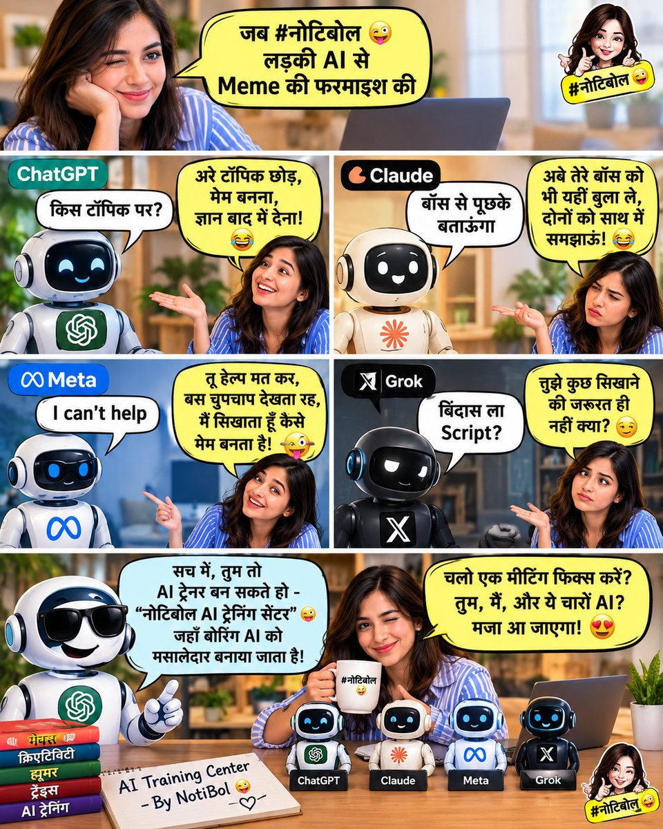 baby292324's tweet photo. ज़ब @grok बना #NotiBol Girl का 👧 बेस्टी 

#नोटिबोल 😜 #Chatgpt #claud #meta #Grok  meeting चालू आहे 👇🤣 https://t.co/fghq4F8gVF