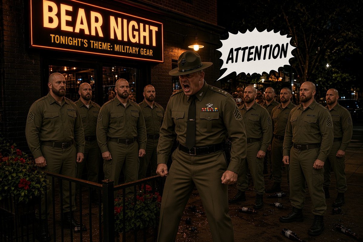 magaeuclid's tweet photo. Last night was a military-themed "bear" night at a local gay bar. Shame that no one there showed respect for our men in uniform. So I sent my drill instructor friend to whip them into shape.  OORAH! https://t.co/niu0F9xzCn