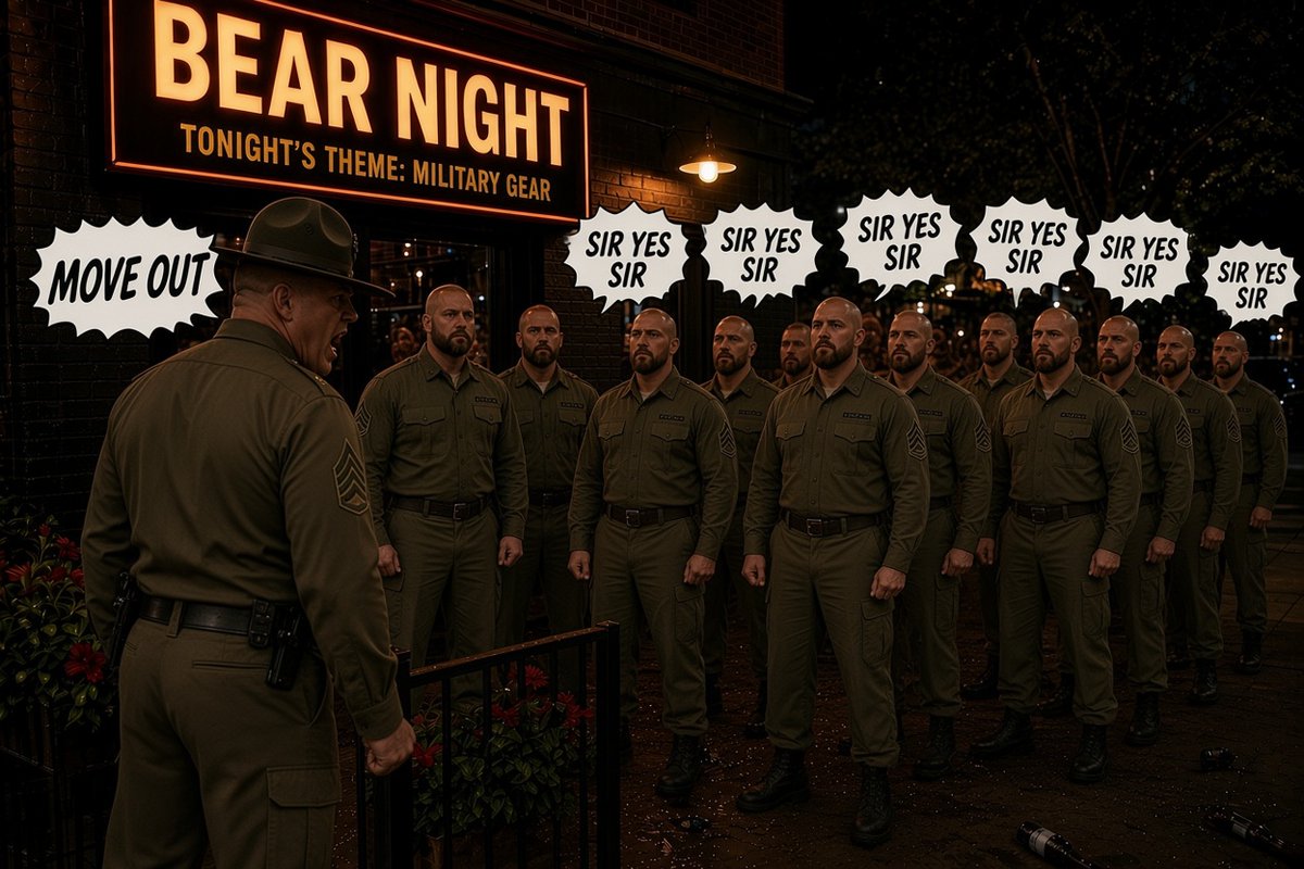 magaeuclid's tweet photo. Last night was a military-themed "bear" night at a local gay bar. Shame that no one there showed respect for our men in uniform. So I sent my drill instructor friend to whip them into shape.  OORAH! https://t.co/niu0F9xzCn