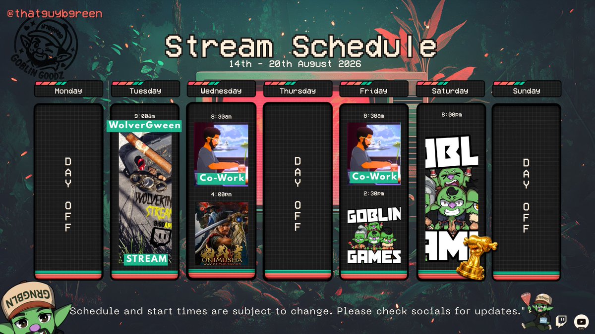 thatguybgreen's tweet photo. 👾THIS UPCOMING WEEKS' STREAM SCHEDULE📷
Tues - #Wolverine Stream
Weds - #coworking THEN #Onimusha
Fri - #coworking THEN #GoblinGames
Sat - #GoblinCup STAY TUNED TO FIND OUT WHAT GAME WE WILL PLAY 😉
#GreenGoblins #thatcommunity
ttv/thatguybgreen https://t.co/ivC9BbwDNC
